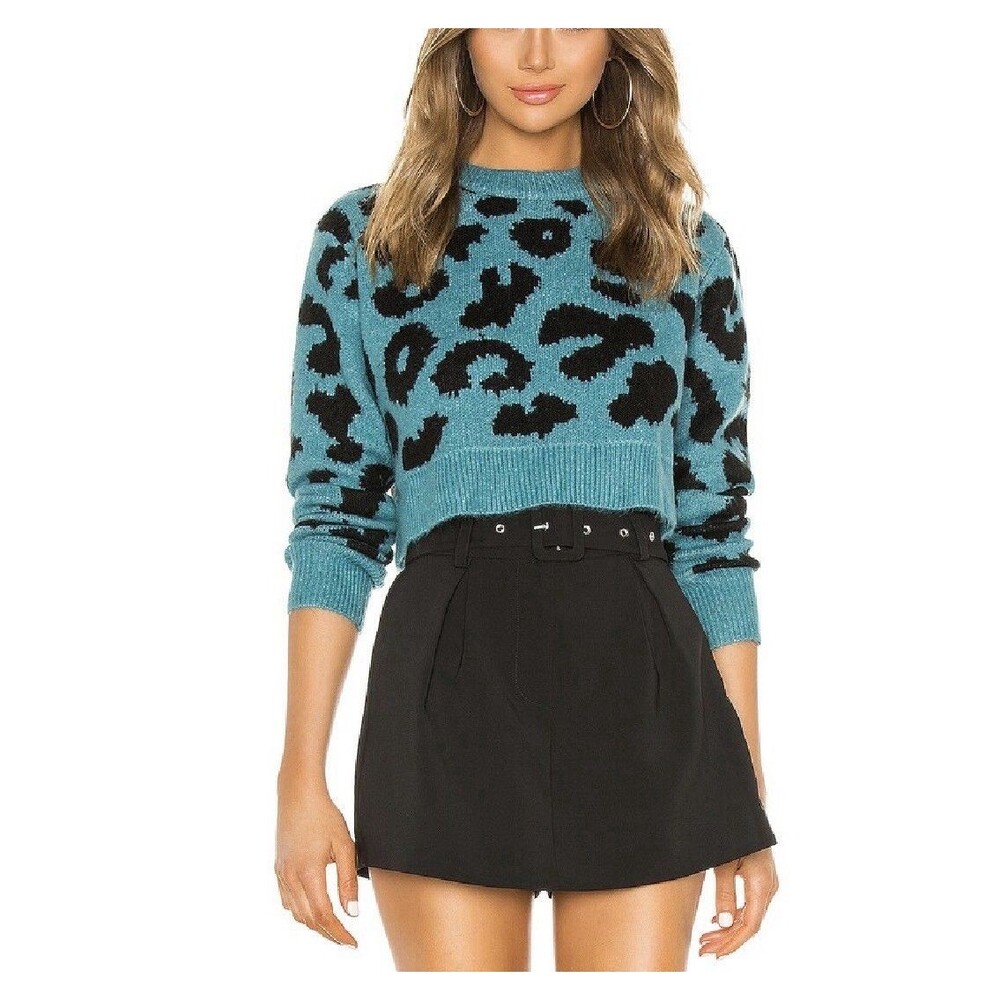 Superdown Teal Leopard Print Cropped Crew Neck Sweater Size XS